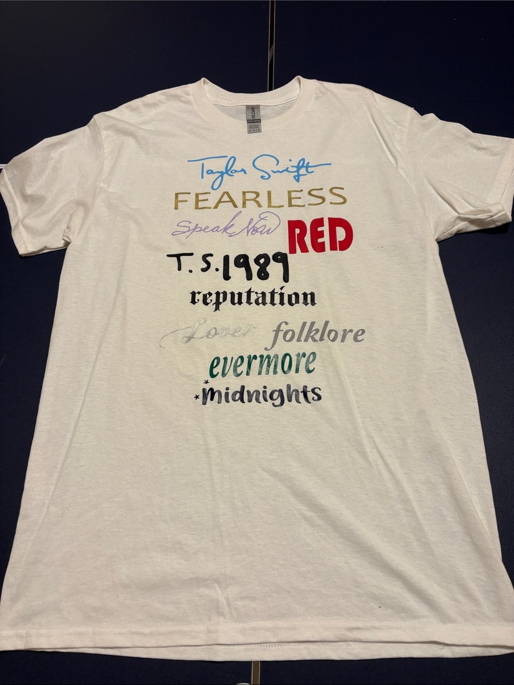 Gildan White Graphic Tour Logo Tee with Multicolor Prints